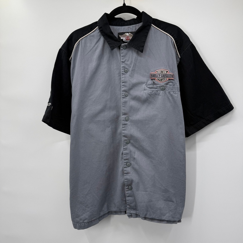 Harley Davidson Mens Size XL Button Up Shirt Gray Black Embroidered Work Biker